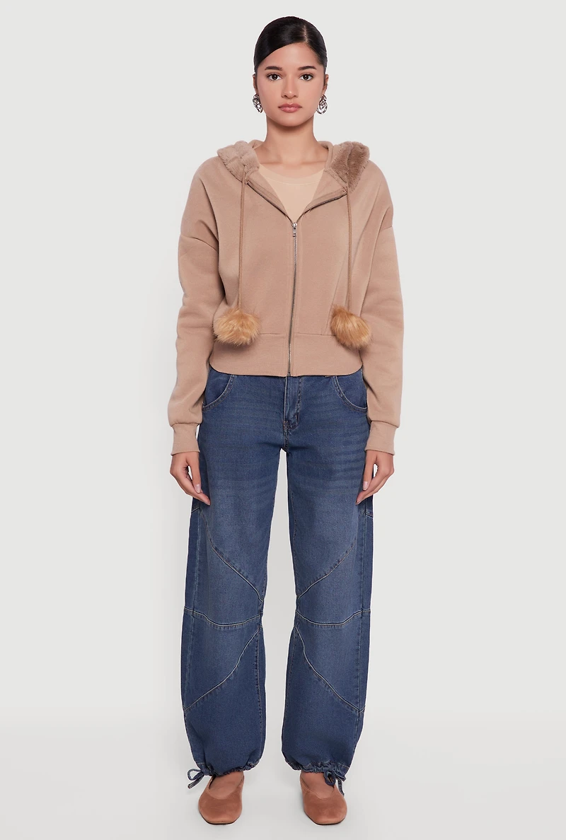 Womens Faux Fur Trim Zip Front Hoodie with Pom Poms,