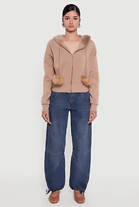 Womens Faux Fur Trim Zip Front Hoodie with Pom Poms,