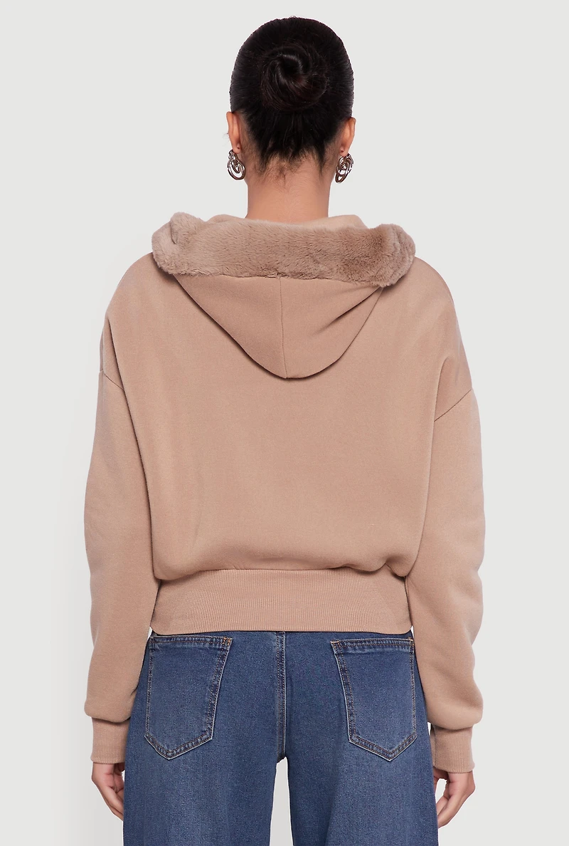 Womens Faux Fur Trim Zip Front Hoodie with Pom Poms,