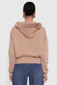 Womens Faux Fur Trim Zip Front Hoodie with Pom Poms,