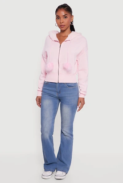 Womens Faux Fur Trim Zip Front Hoodie with Pom Poms,