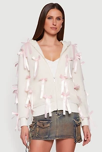 Sherpa Hooded Zip Front Bow Jacket