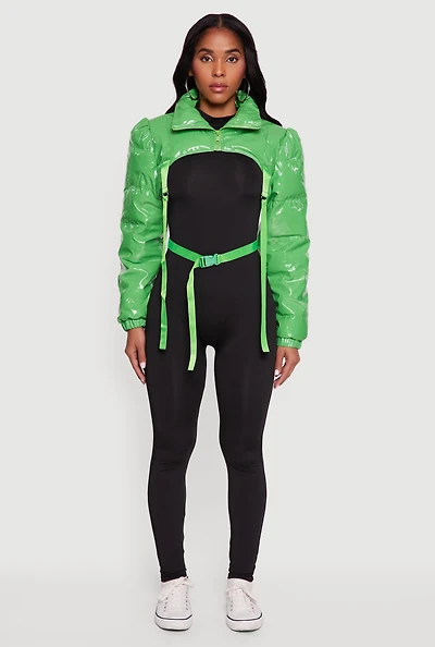 Trendy Faux Leather Buckle Detail Bolero Puffer Jacket