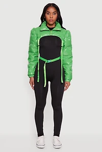 Trendy Faux Leather Buckle Detail Bolero Puffer Jacket