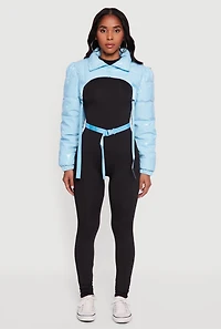 Womens Trendy Faux Leather Buckle Detail Bolero Puffer Jacket, Blue, Size S