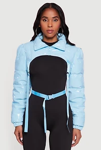 Trendy Faux Leather Buckle Detail Bolero Puffer Jacket