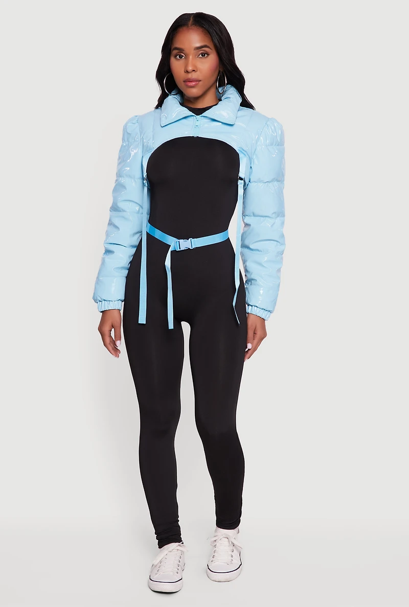 Womens Trendy Faux Leather Buckle Detail Bolero Puffer Jacket, Blue, Size S