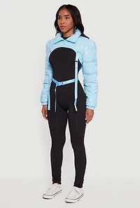 Womens Trendy Faux Leather Buckle Detail Bolero Puffer Jacket, Blue, Size S