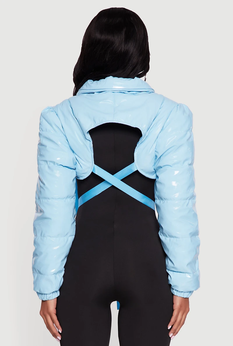 Womens Trendy Faux Leather Buckle Detail Bolero Puffer Jacket, Blue, Size S