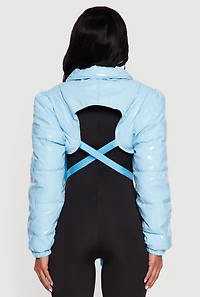 Womens Trendy Faux Leather Buckle Detail Bolero Puffer Jacket, Blue, Size S