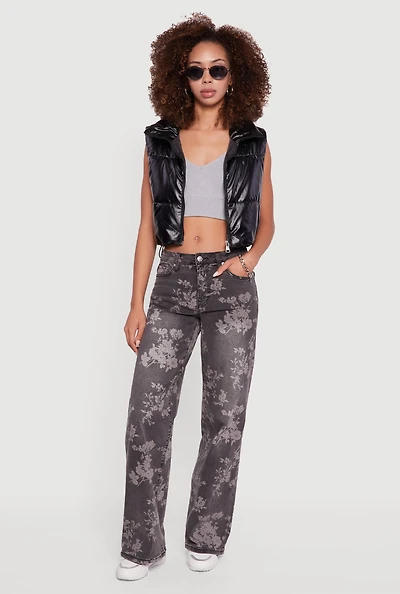 Womens Drawstring Hem Cropped Zip Front Puffer Vest,