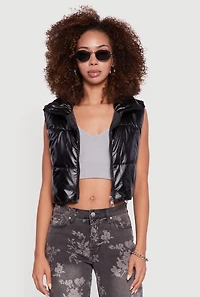 Womens Drawstring Hem Cropped Zip Front Puffer Vest, Black, Size M