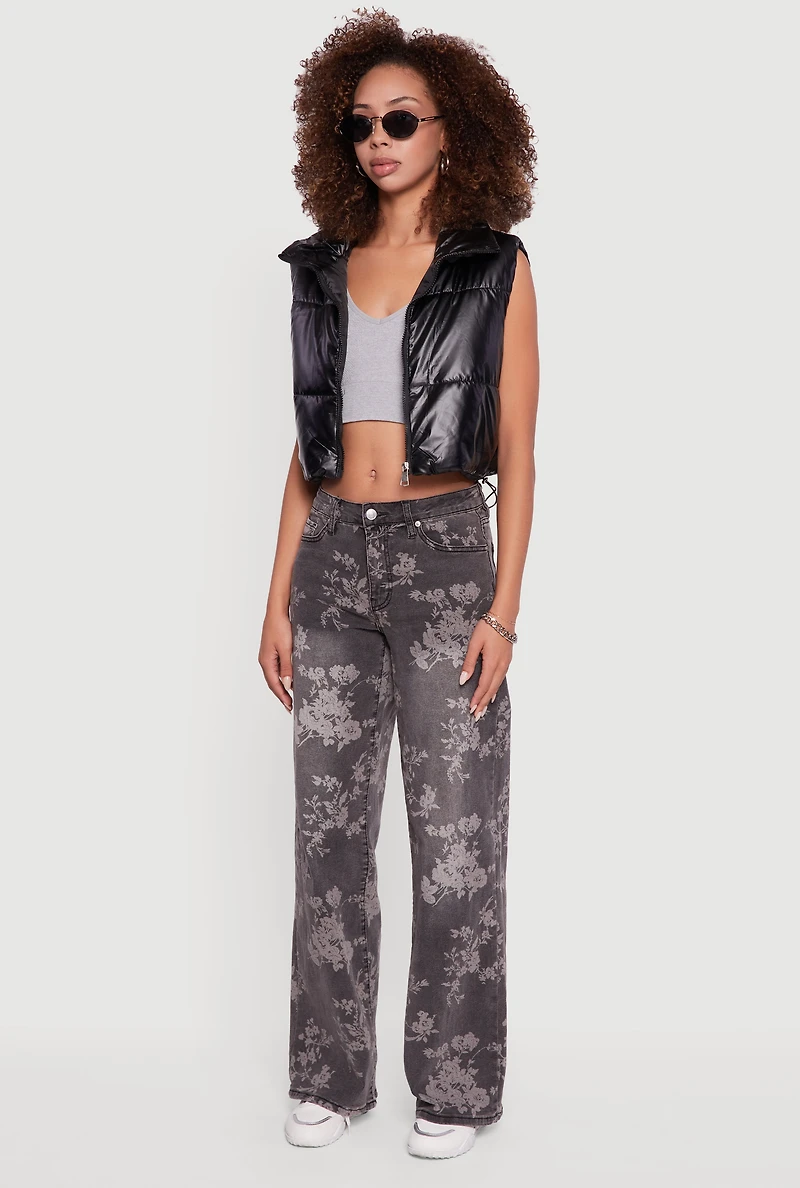 Womens Drawstring Hem Cropped Zip Front Puffer Vest, Black, Size M