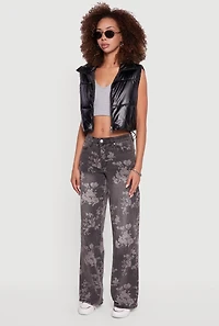 Womens Drawstring Hem Cropped Zip Front Puffer Vest, Black, Size M