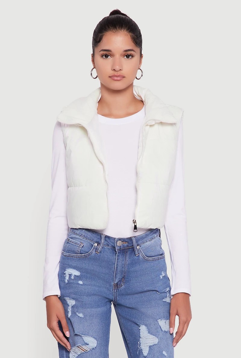 Drawstring Hem Cropped Zip Front Puffer Vest