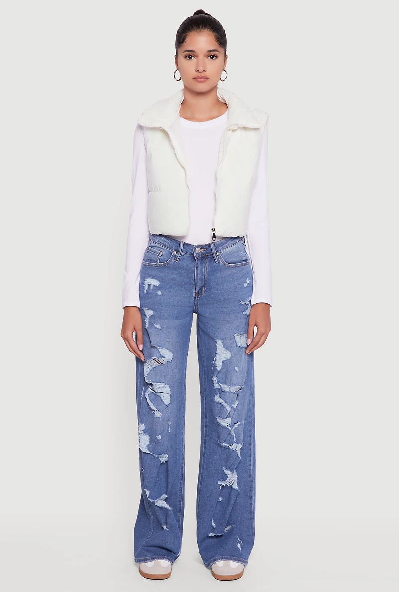 Drawstring Hem Cropped Zip Front Puffer Vest