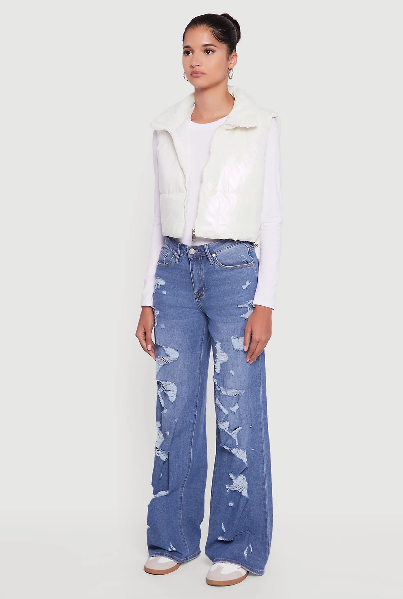 Drawstring Hem Cropped Zip Front Puffer Vest