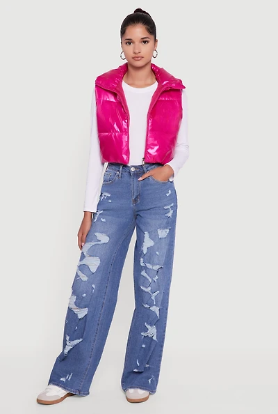 Womens Drawstring Hem Cropped Zip Front Puffer Vest,