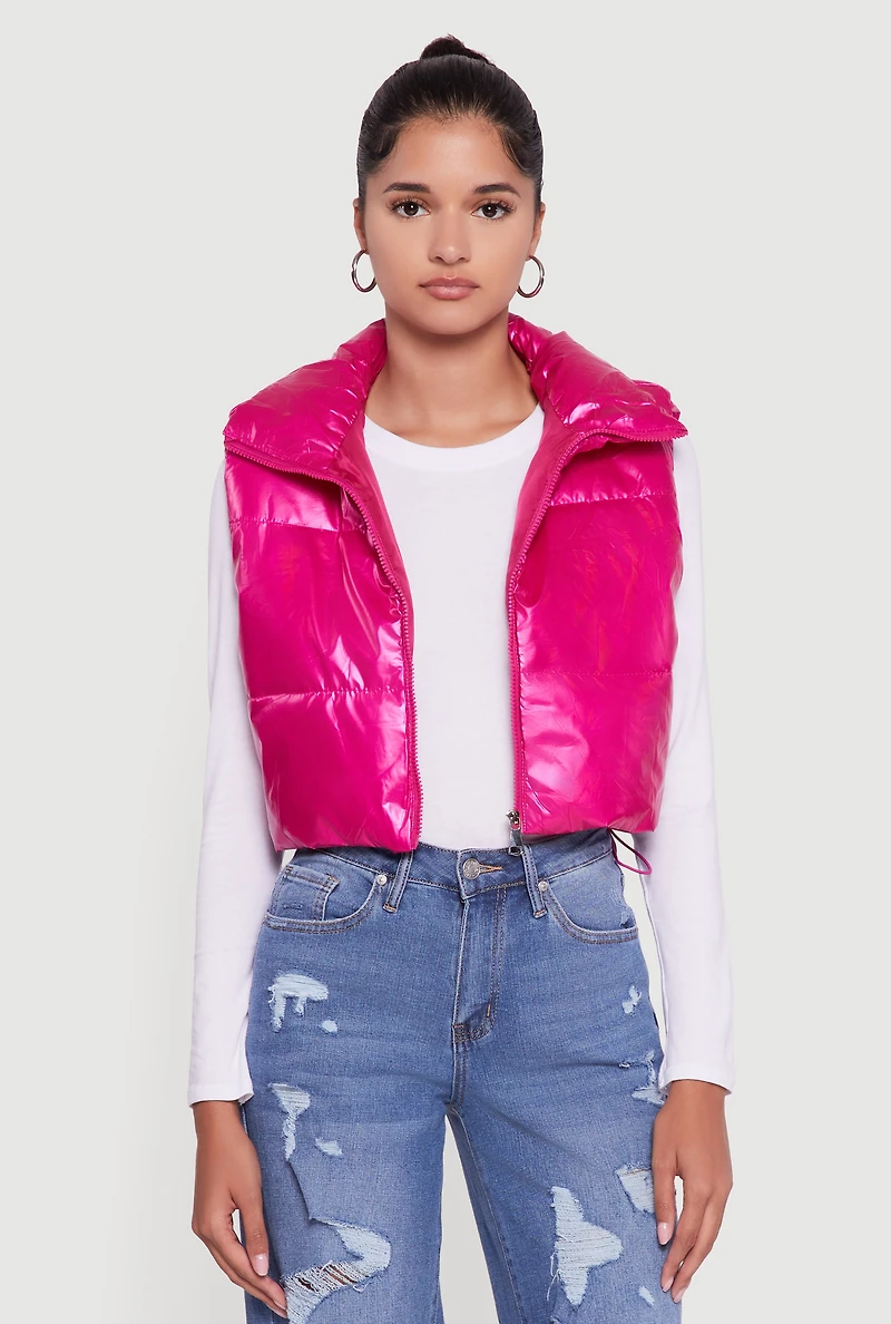 Womens Drawstring Hem Cropped Zip Front Puffer Vest, Pink, Size M