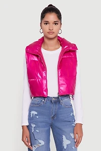 Womens Drawstring Hem Cropped Zip Front Puffer Vest, Pink, Size M