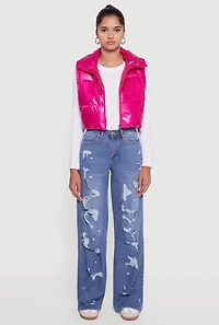 Womens Drawstring Hem Cropped Zip Front Puffer Vest, Pink, Size M