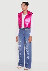 Womens Drawstring Hem Cropped Zip Front Puffer Vest, Pink, Size M