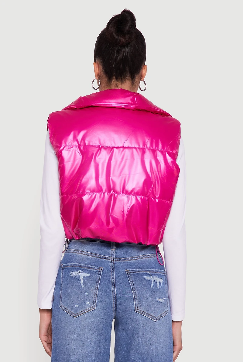 Womens Drawstring Hem Cropped Zip Front Puffer Vest, Pink, Size M