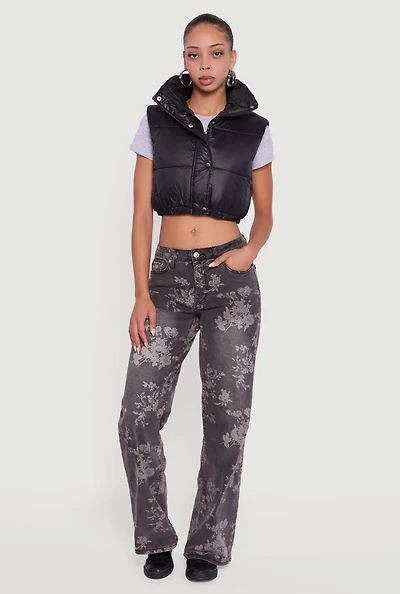 Womens Snap Button Zip Front Cropped Puffer Vest, Black, Size L