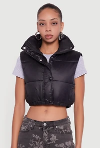 Womens Snap Button Zip Front Cropped Puffer Vest, Black, Size S