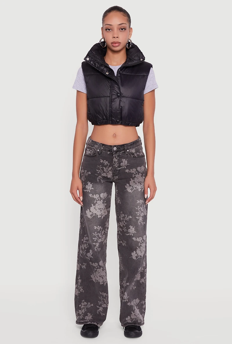 Womens Snap Button Zip Front Cropped Puffer Vest, Black, Size S