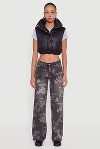 Womens Snap Button Zip Front Cropped Puffer Vest, Black, Size S