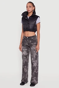 Womens Snap Button Zip Front Cropped Puffer Vest, Black, Size S