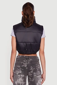 Womens Snap Button Zip Front Cropped Puffer Vest, Black, Size S
