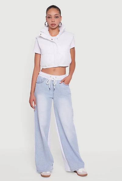 Womens Snap Button Zip Front Cropped Puffer Vest, White, Size M