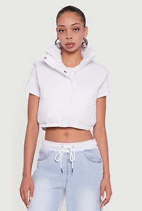 Womens Snap Button Zip Front Cropped Puffer Vest, White, Size XL