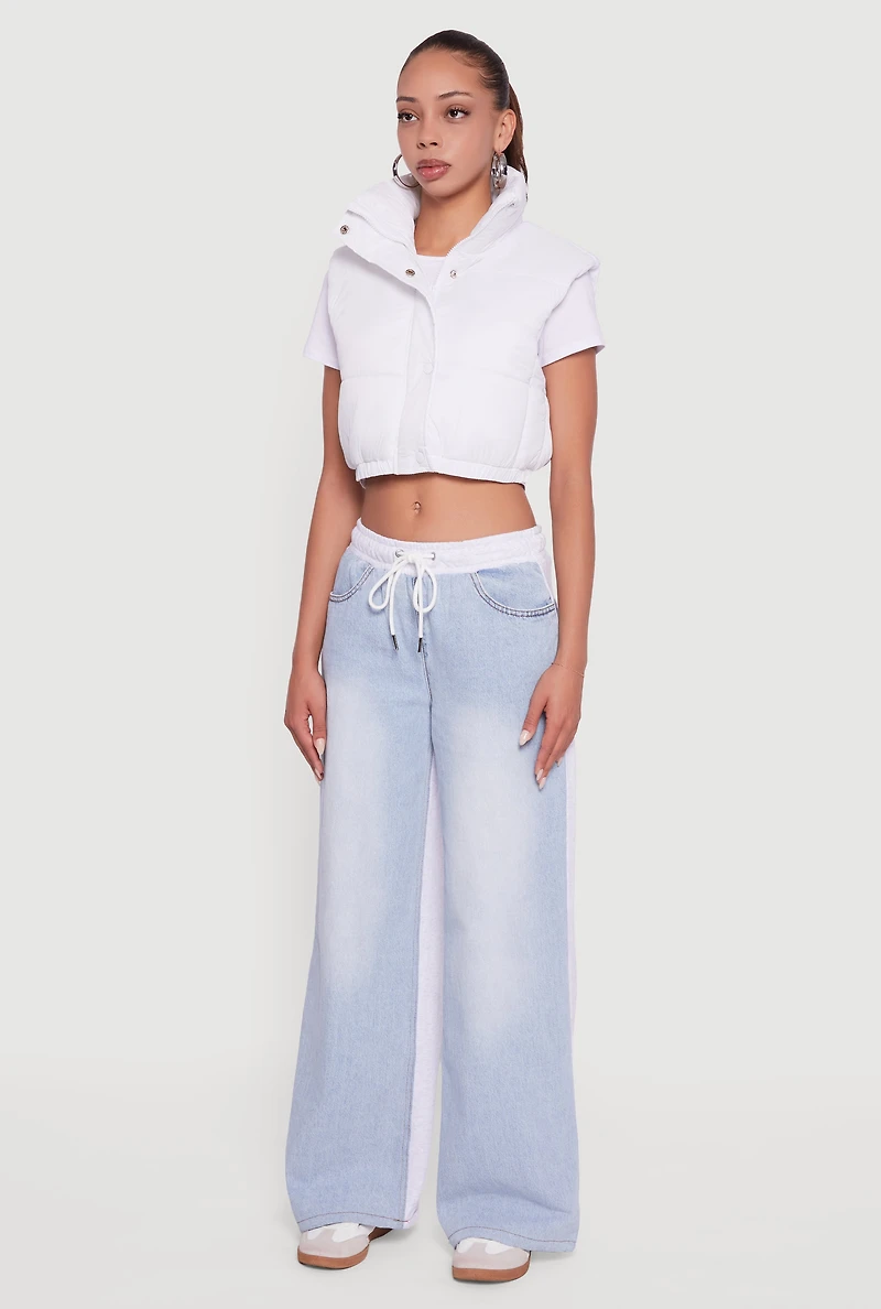 Womens Snap Button Zip Front Cropped Puffer Vest, White, Size XL