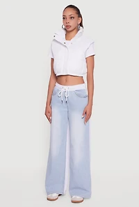 Womens Snap Button Zip Front Cropped Puffer Vest, White, Size XL