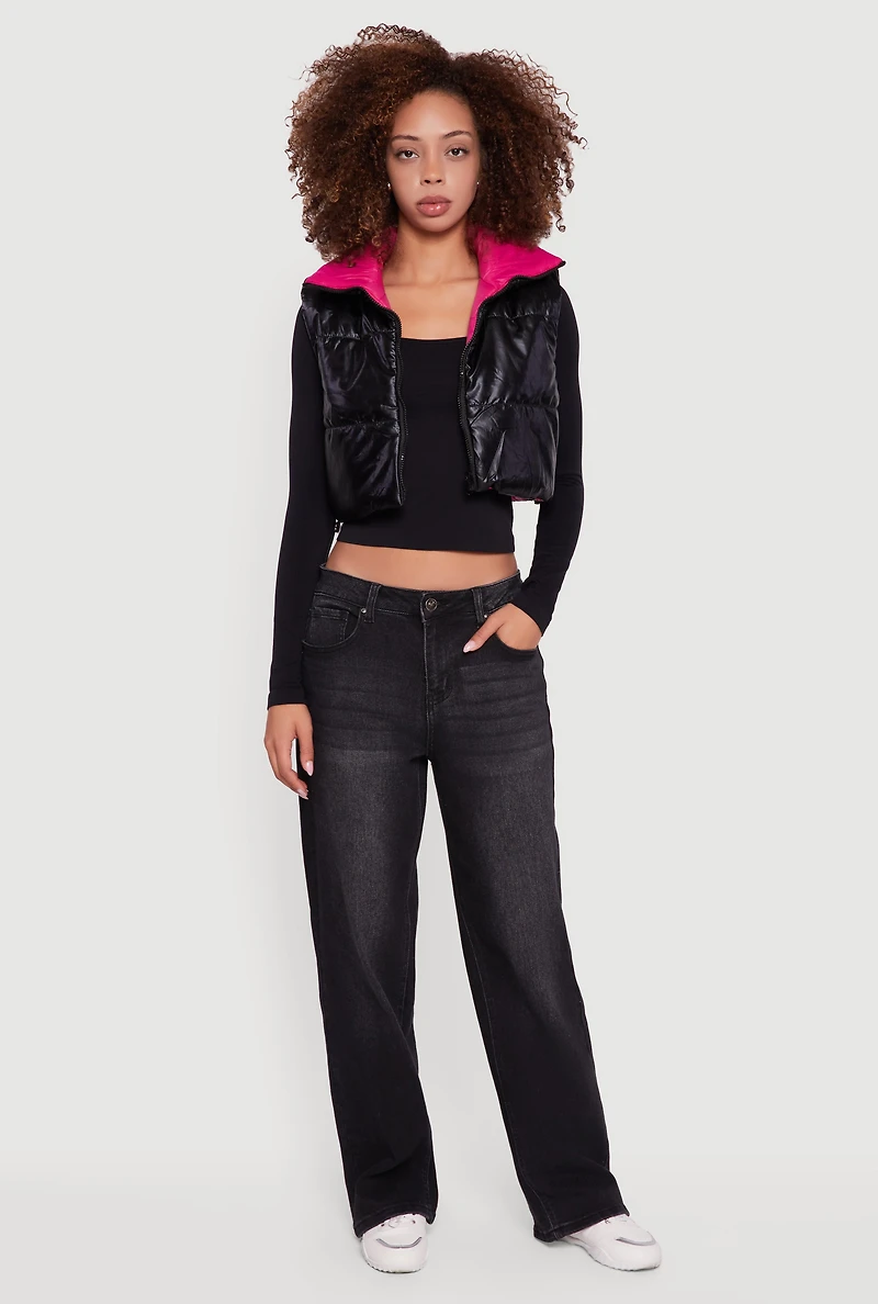 Womens Foiled Metallic Cropped Puffer Vest,