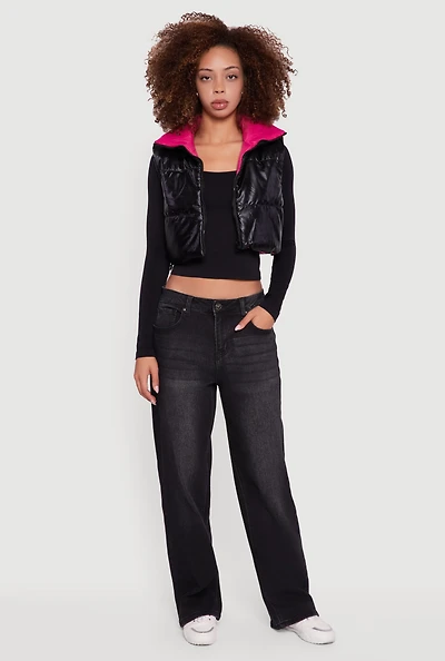 Womens Foiled Metallic Cropped Puffer Vest,