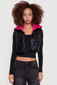 Womens Foiled Metallic Cropped Puffer Vest,