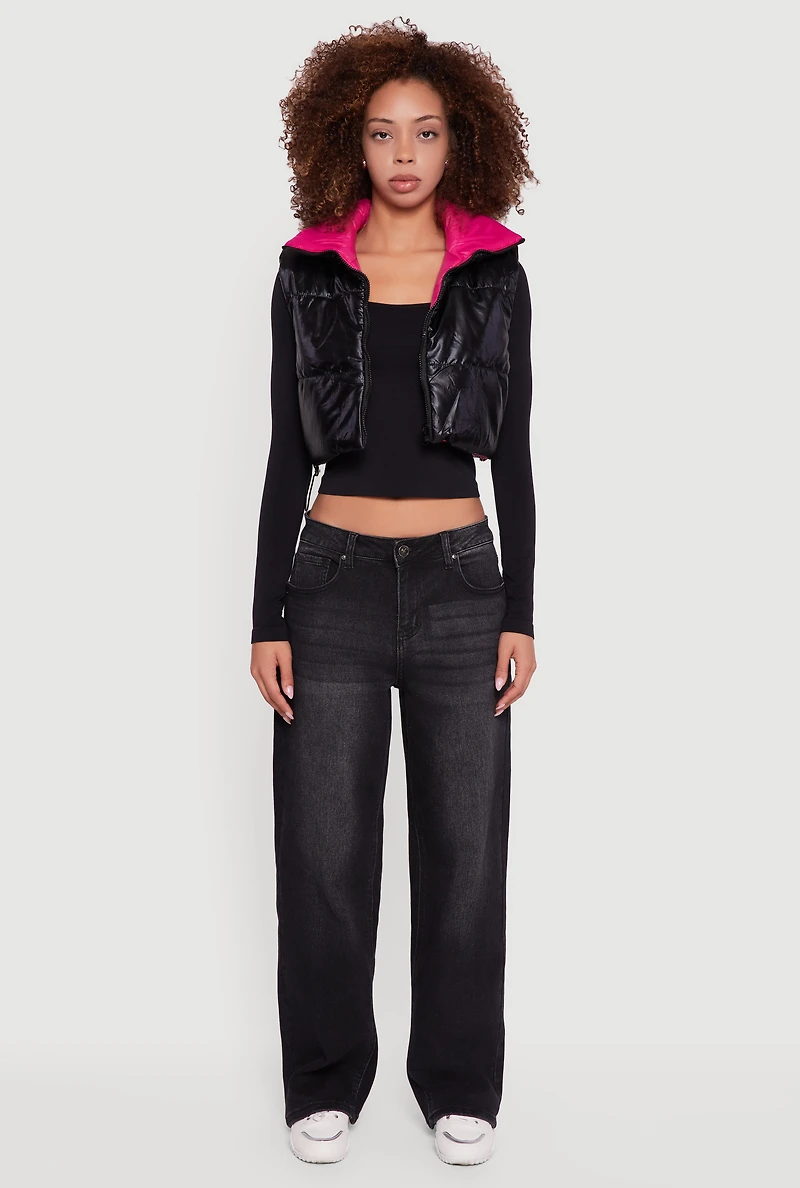 Womens Foiled Metallic Cropped Puffer Vest,