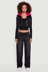 Womens Foiled Metallic Cropped Puffer Vest,