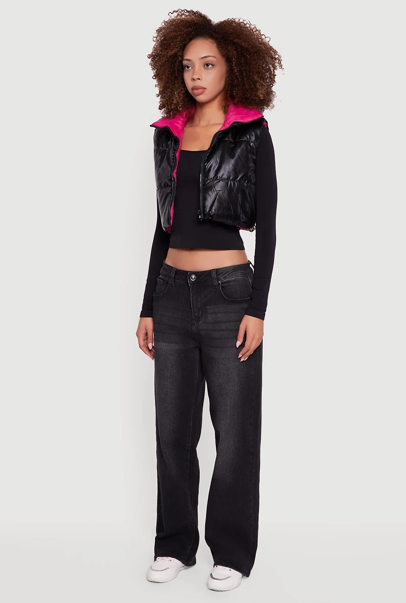 Womens Foiled Metallic Cropped Puffer Vest,