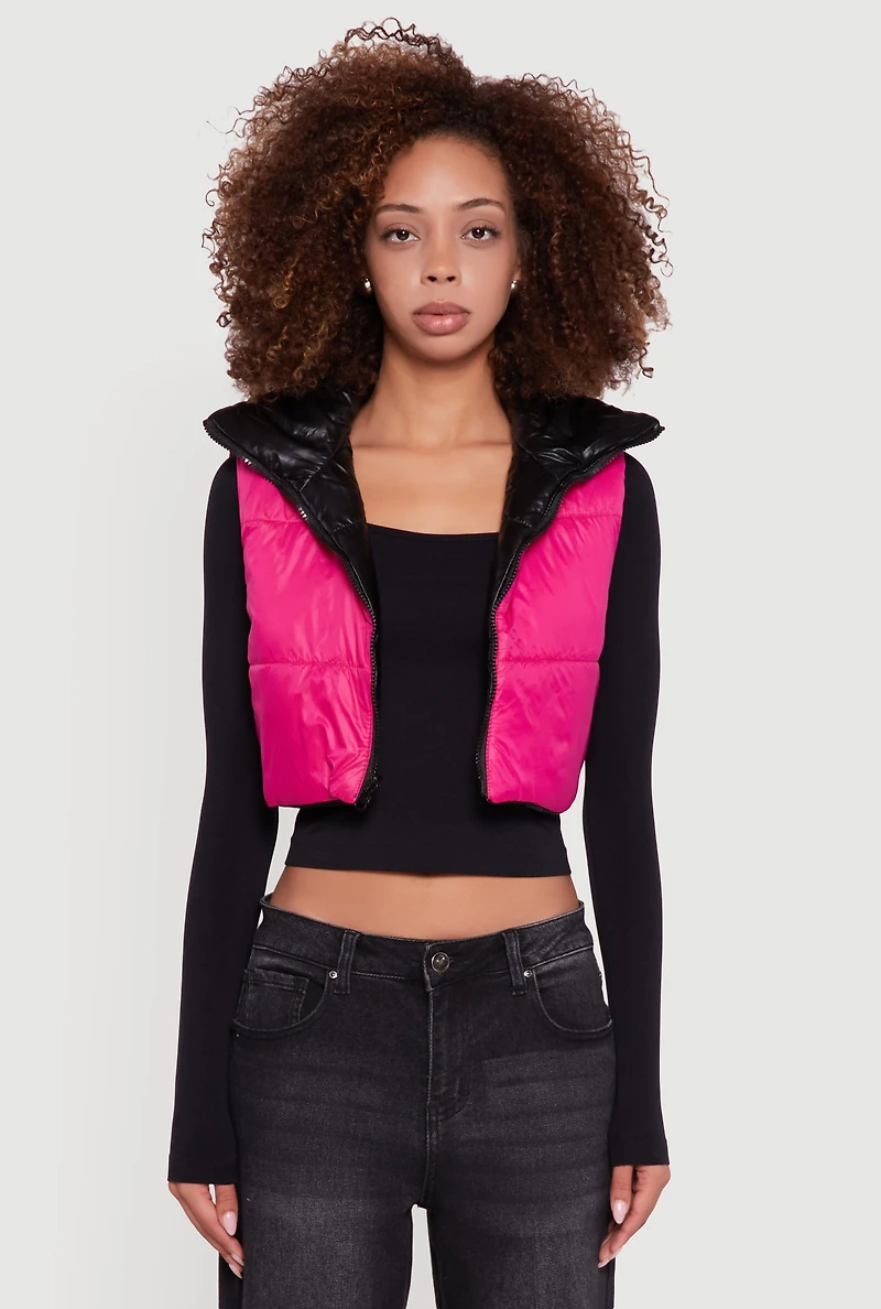 Womens Foiled Metallic Cropped Puffer Vest,