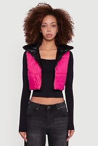 Womens Foiled Metallic Cropped Puffer Vest,