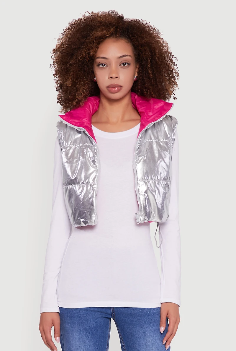 Foiled Metallic Cropped Puffer Vest