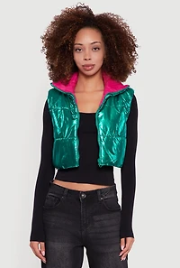 Womens Foiled Metallic Cropped Puffer Vest, Green, Size M