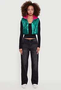 Womens Foiled Metallic Cropped Puffer Vest, Green, Size M