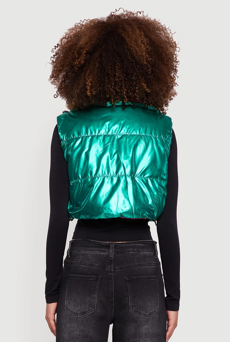 Womens Foiled Metallic Cropped Puffer Vest, Green, Size M