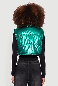 Womens Foiled Metallic Cropped Puffer Vest, Green, Size M